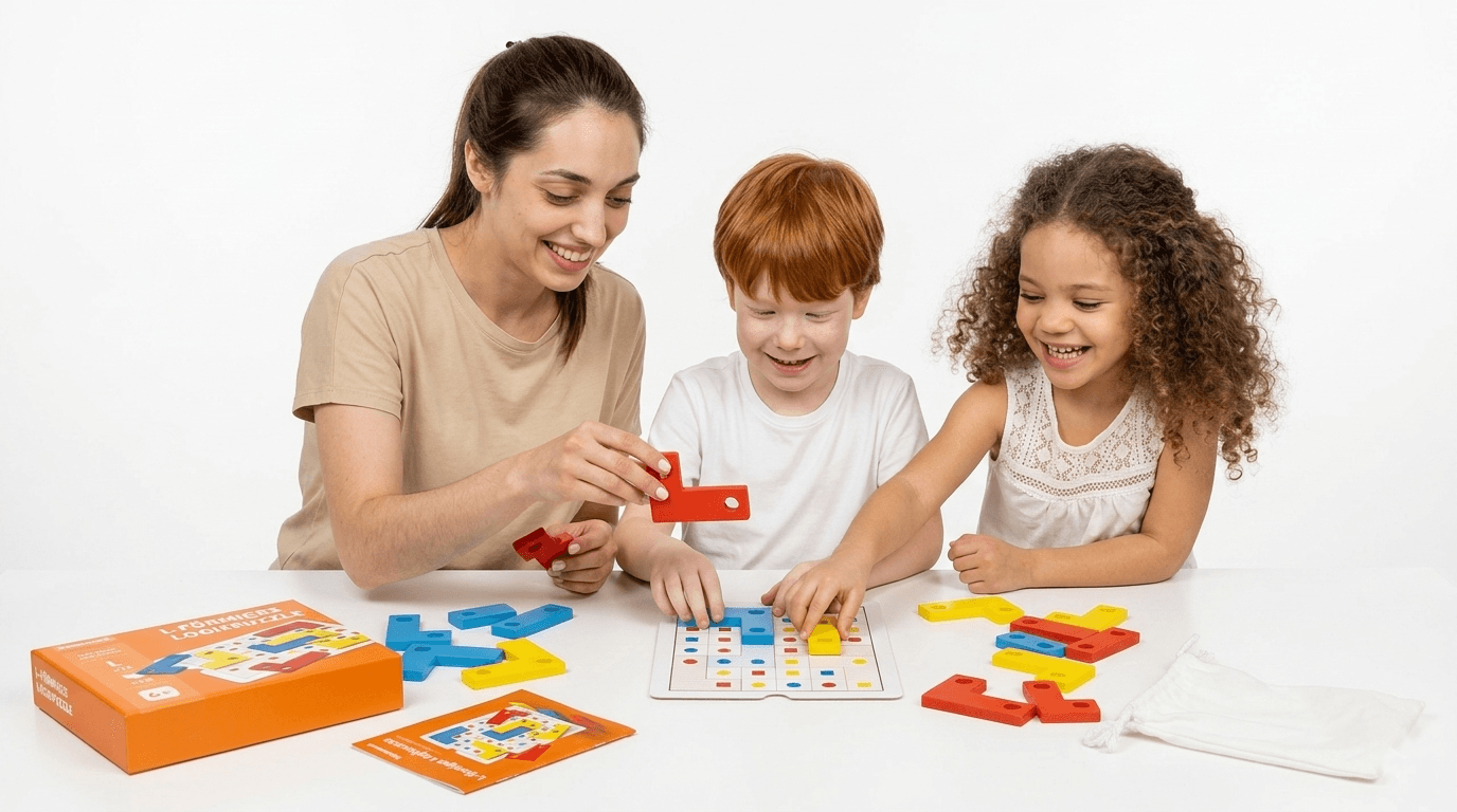 Familie spielt Logikpuzzle