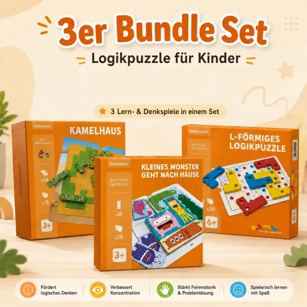 3er Set Logikpuzzle für Kinder – Lern- & Denkspiele ab 3 & 6 Jahren