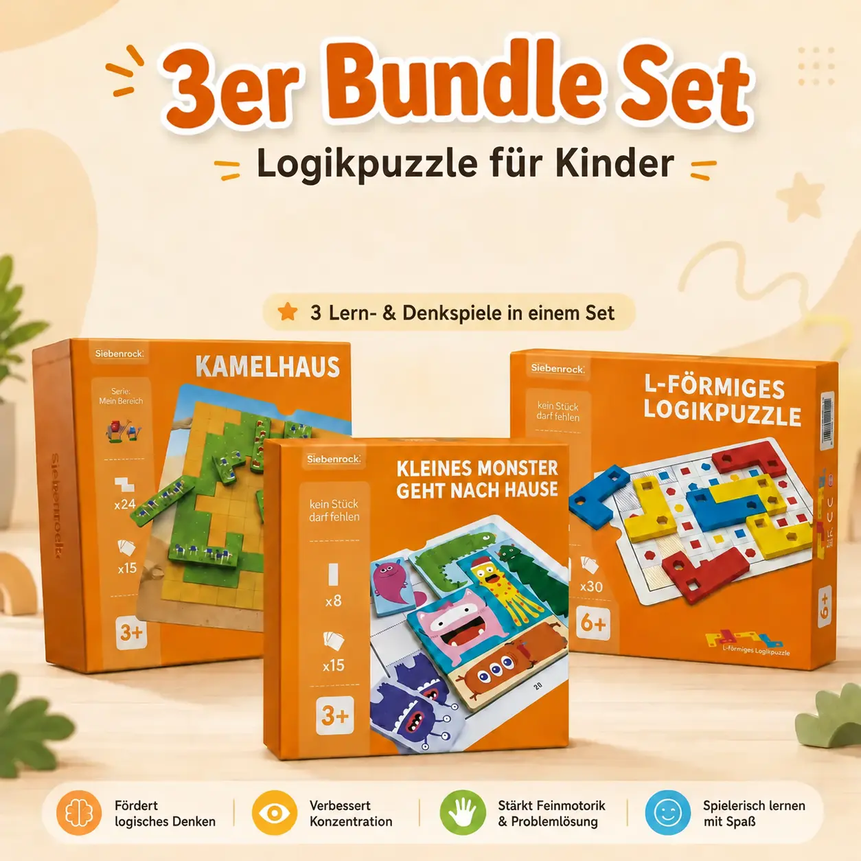 3er Set Logikpuzzle für Kinder – Lern- & Denkspiele ab 3 & 6 Jahren
